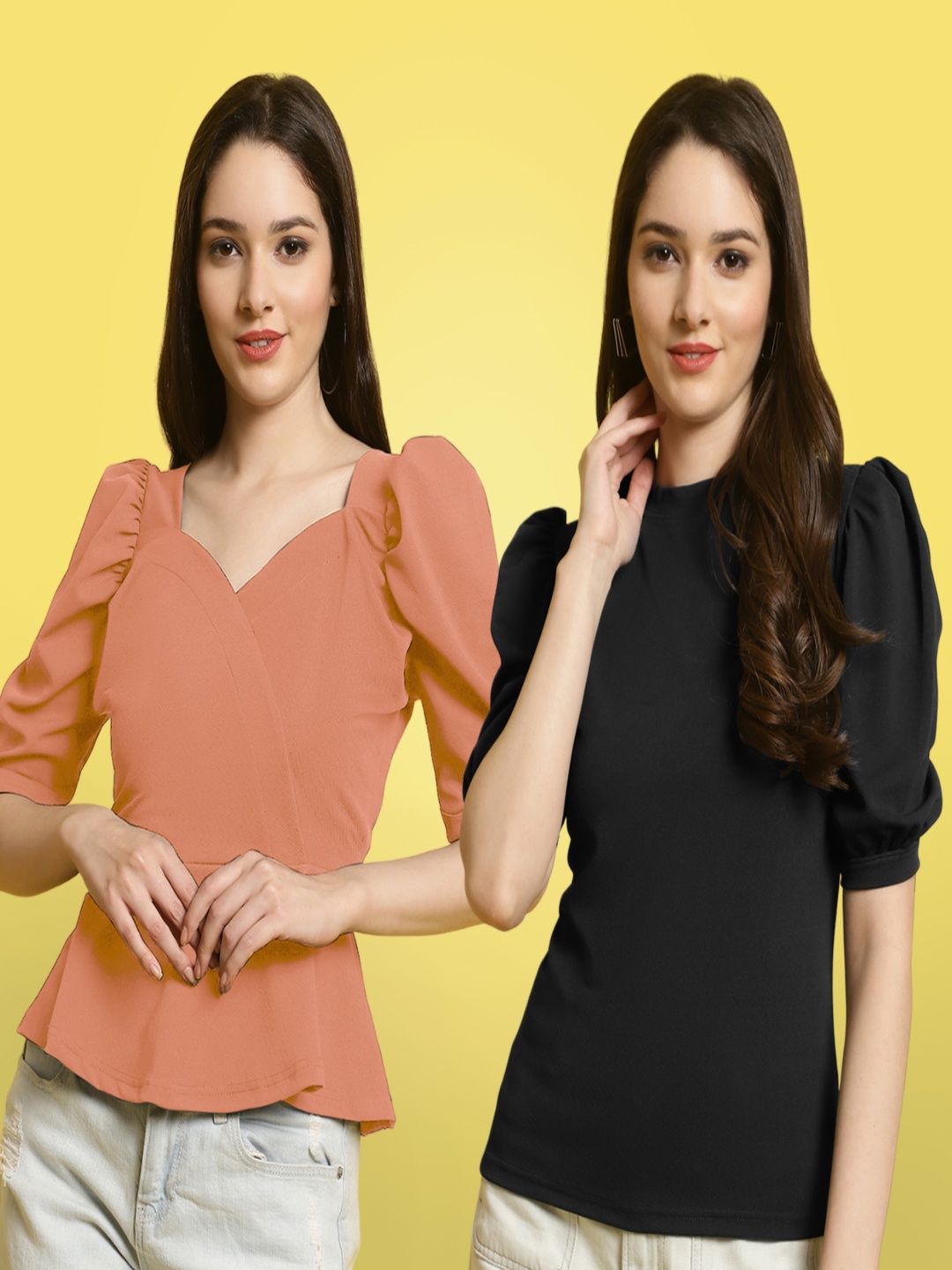 

Metronaut Women Pack of 2 Solid Round Neck Puff Sleeves Regular Tops, Peach