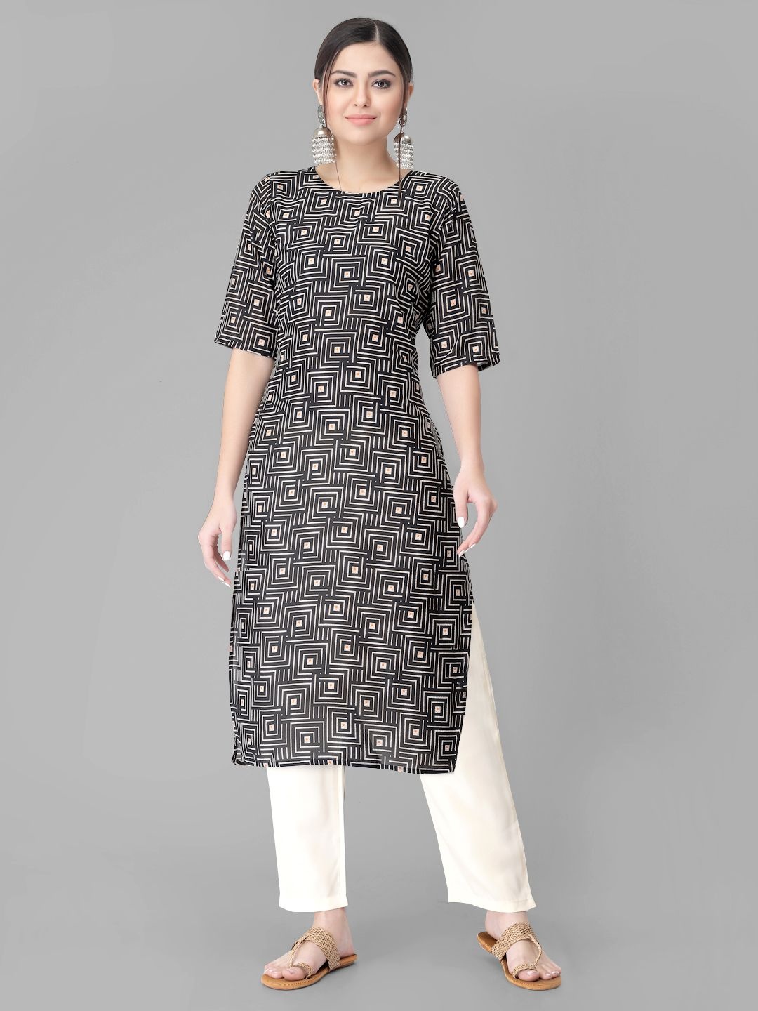 

7Threads Geometric Printed Round Neck Straight Kurta With Trousers, Black