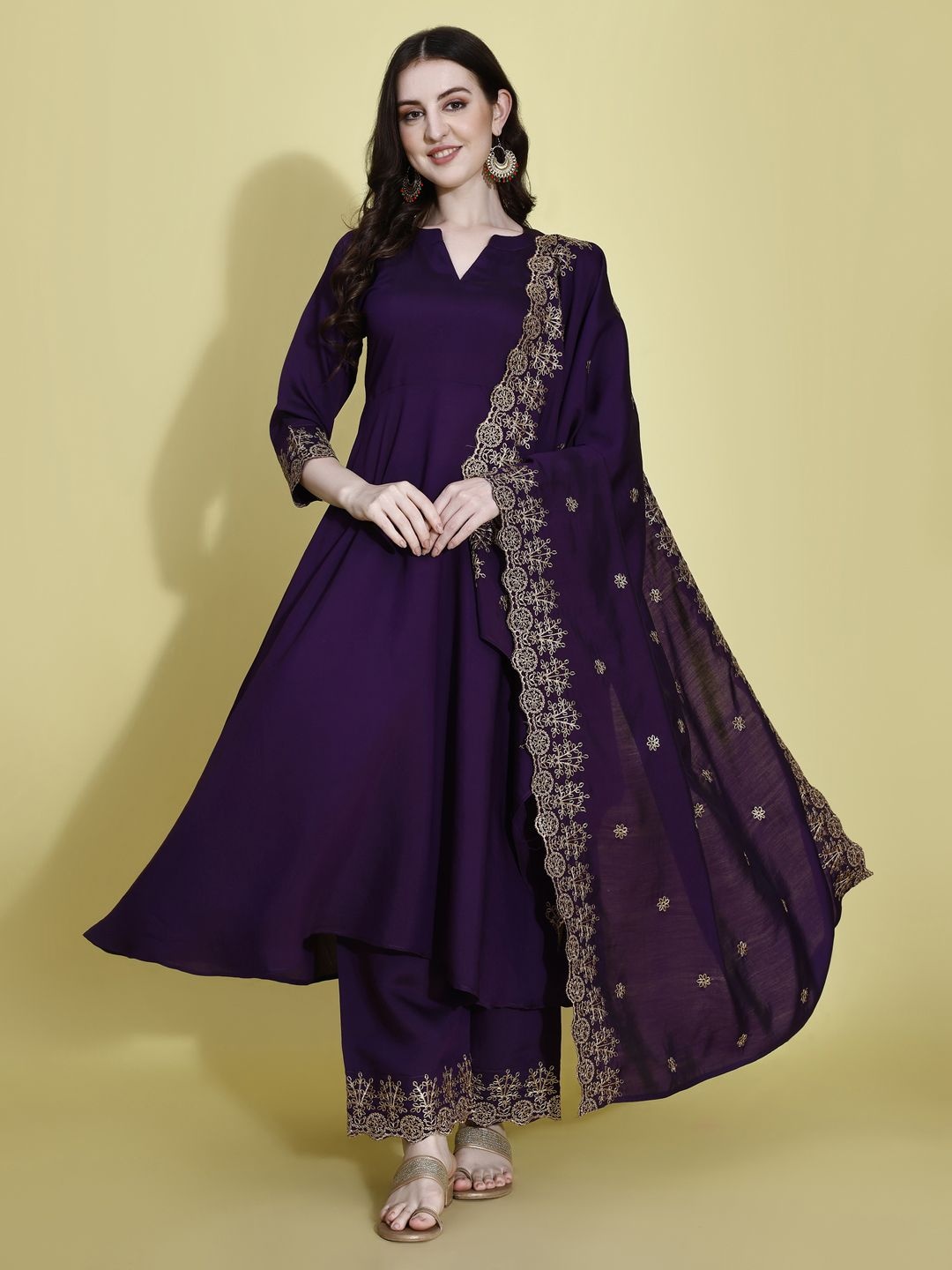 

Hirvanti Fashion Embroidered Zari Notch Neck Anarkali Kurta with Palazzo And Dupatta, Purple