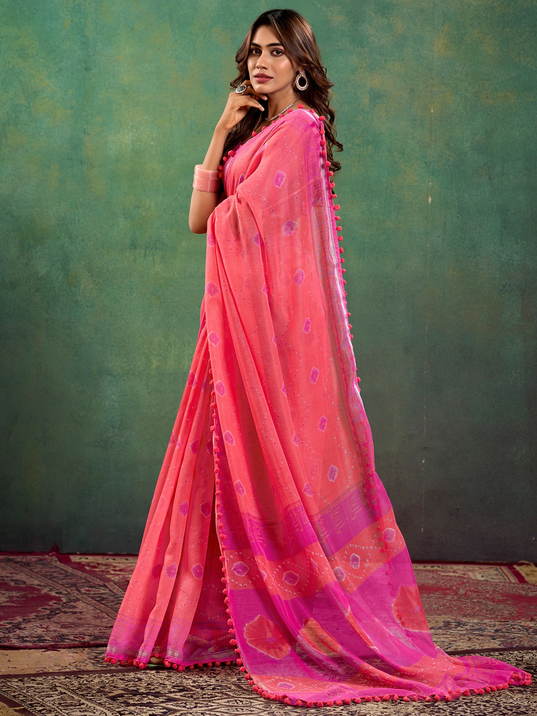 

Saree mall Bandhani Printed Embroidered Sarees, Pink