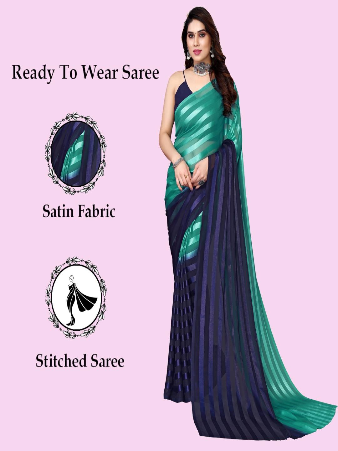 

ANAND SAREES Striped Satin Ready to Wear Saree, Blue