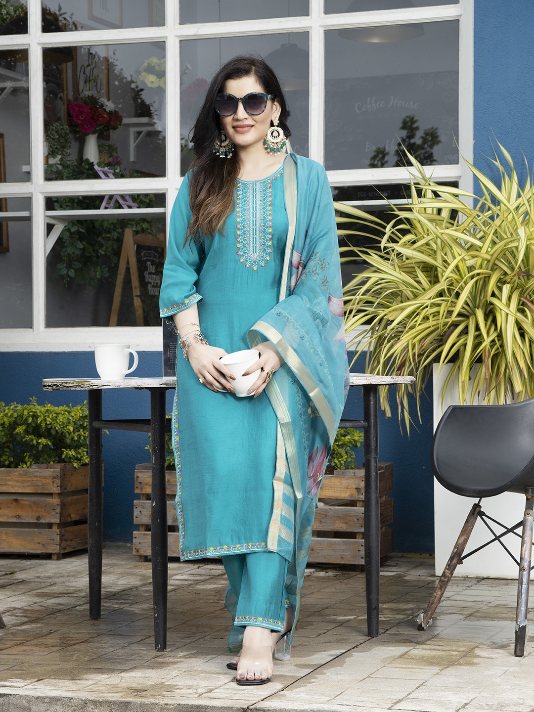 

Krimmple Ethnic Motifs Yoke Design Regular Chanderi Silk Straight Kurta with Trousers, Blue