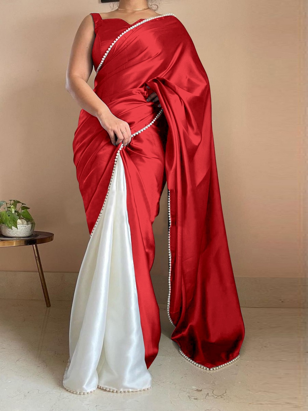 

APNISHA Colourblocked Beads and Stones Satin Half and Half Saree, Red