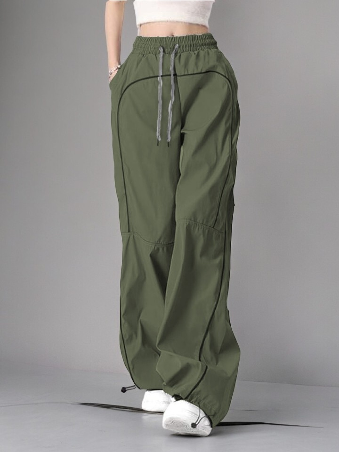 

SAAHASAM Women Striped Relaxed Loose Fit Parachute Trousers, Olive