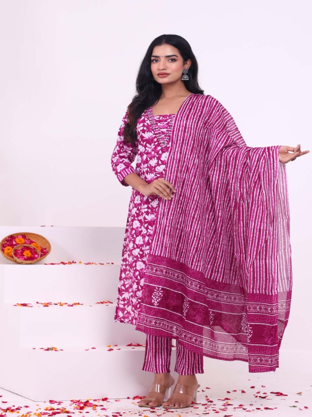 

KALINI Floral Printed Thread Work Pure Cotton Straight Kurta & Trousers With Dupatta, Maroon