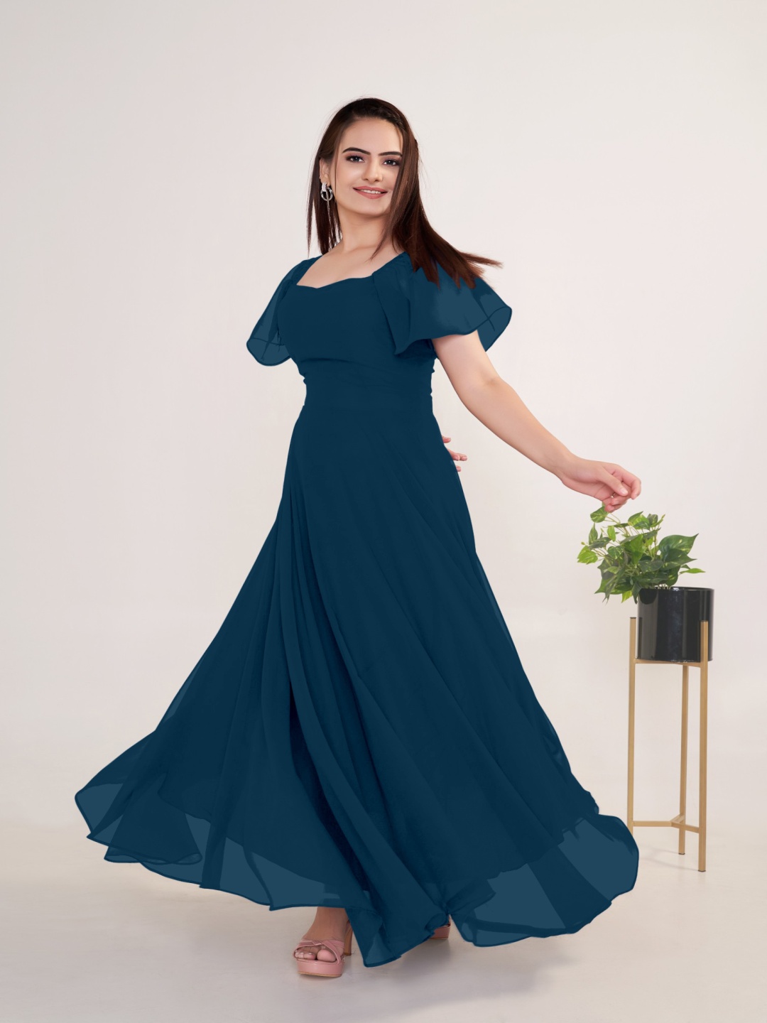 

Krunal Raiyani Flutter Sleeve Fit & Flare Maxi Dress, Blue