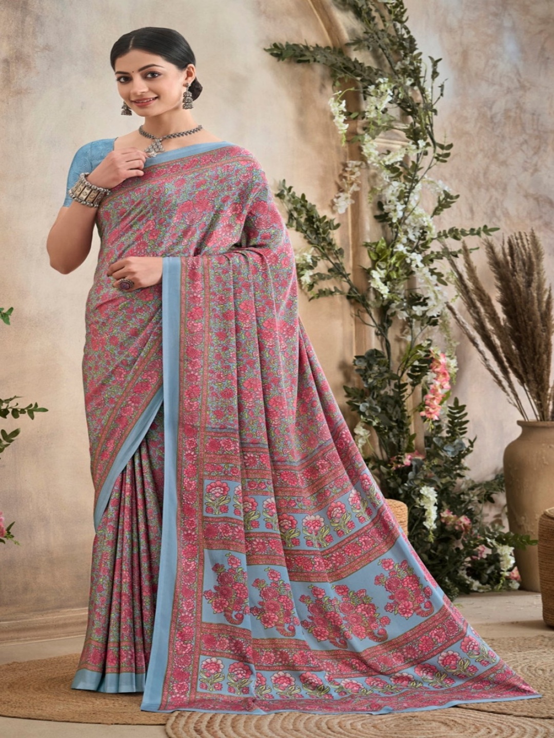 

Reboot Fashions Floral Pure Crepe Saree, Red
