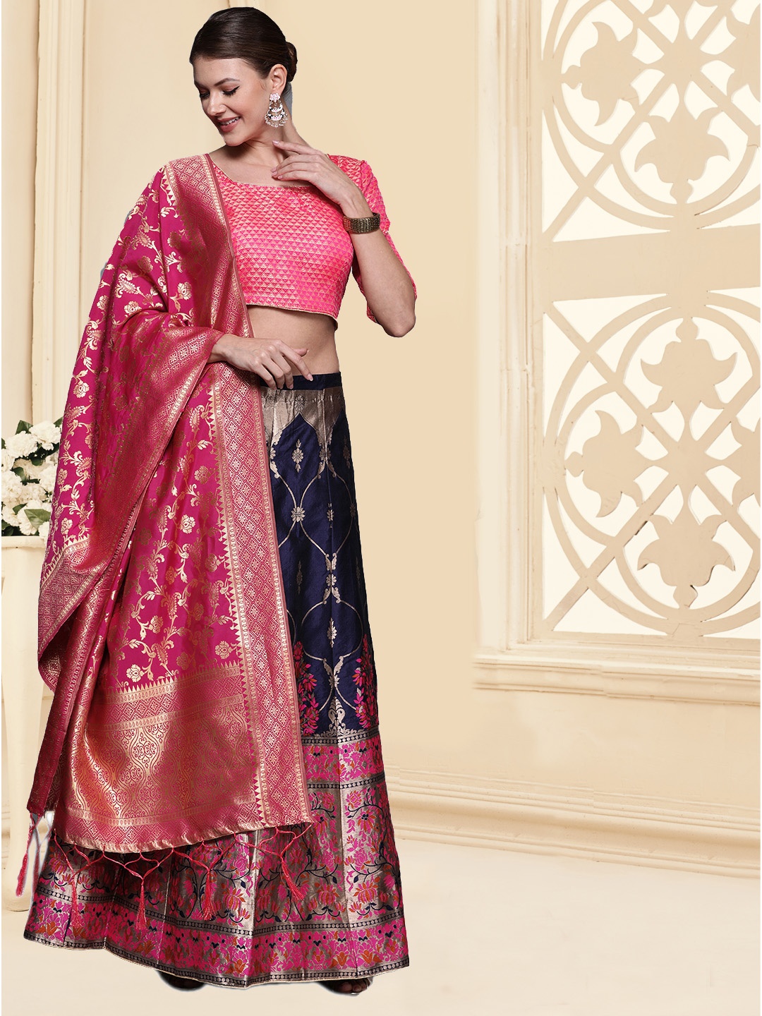 

Maroosh Thread Work Unstitched Lehenga & Blouse With Dupatta, Navy blue
