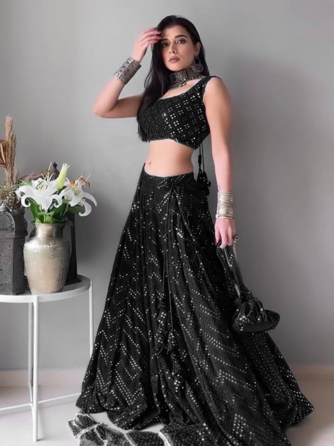 

Cute fellow Embroidered Sequinned Semi-Stitched Lehenga & Unstitched Blouse With Dupatta, Black