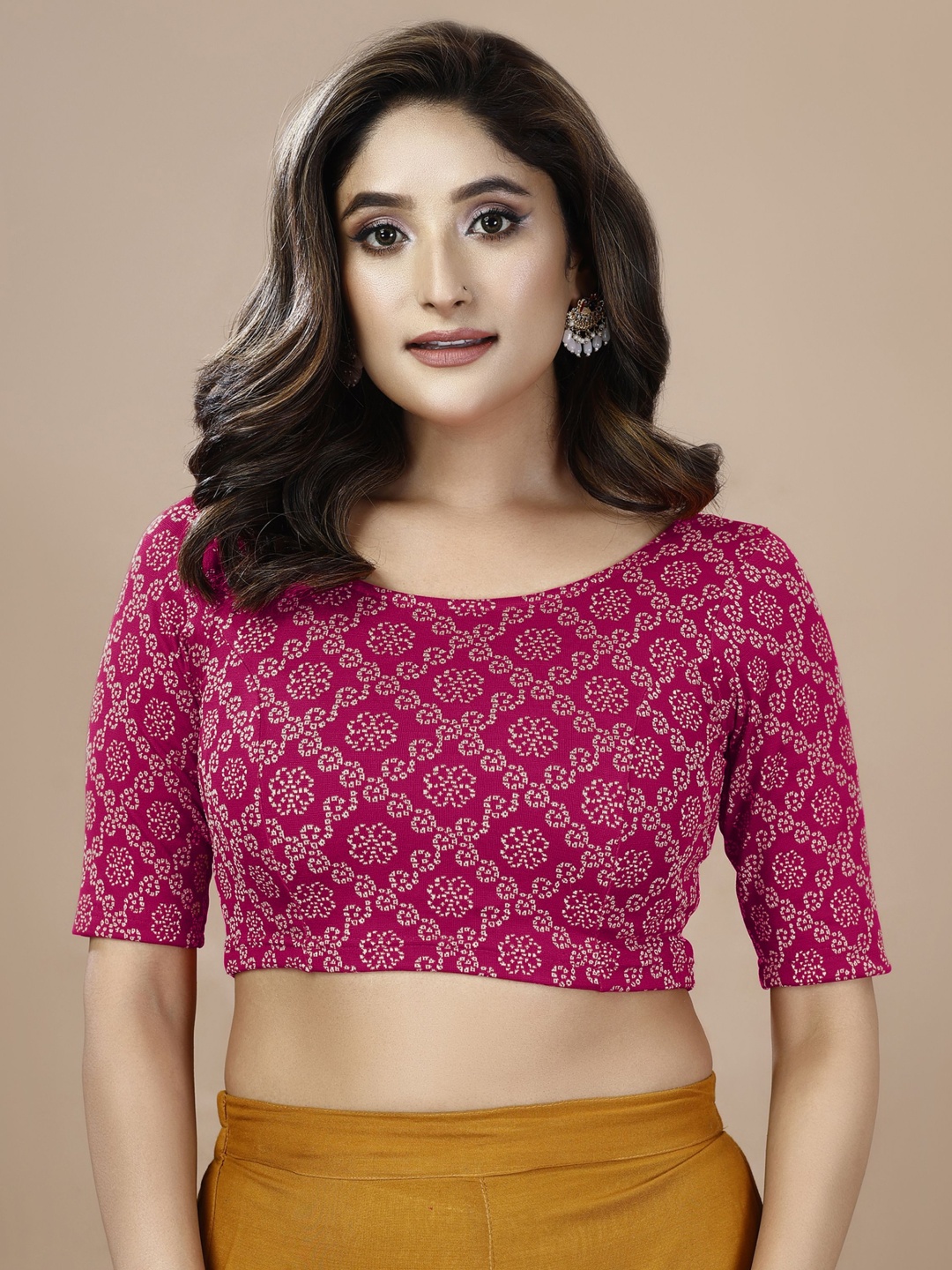 

Oomph! Printed Non Padded Round Neck Saree Blouse, Pink