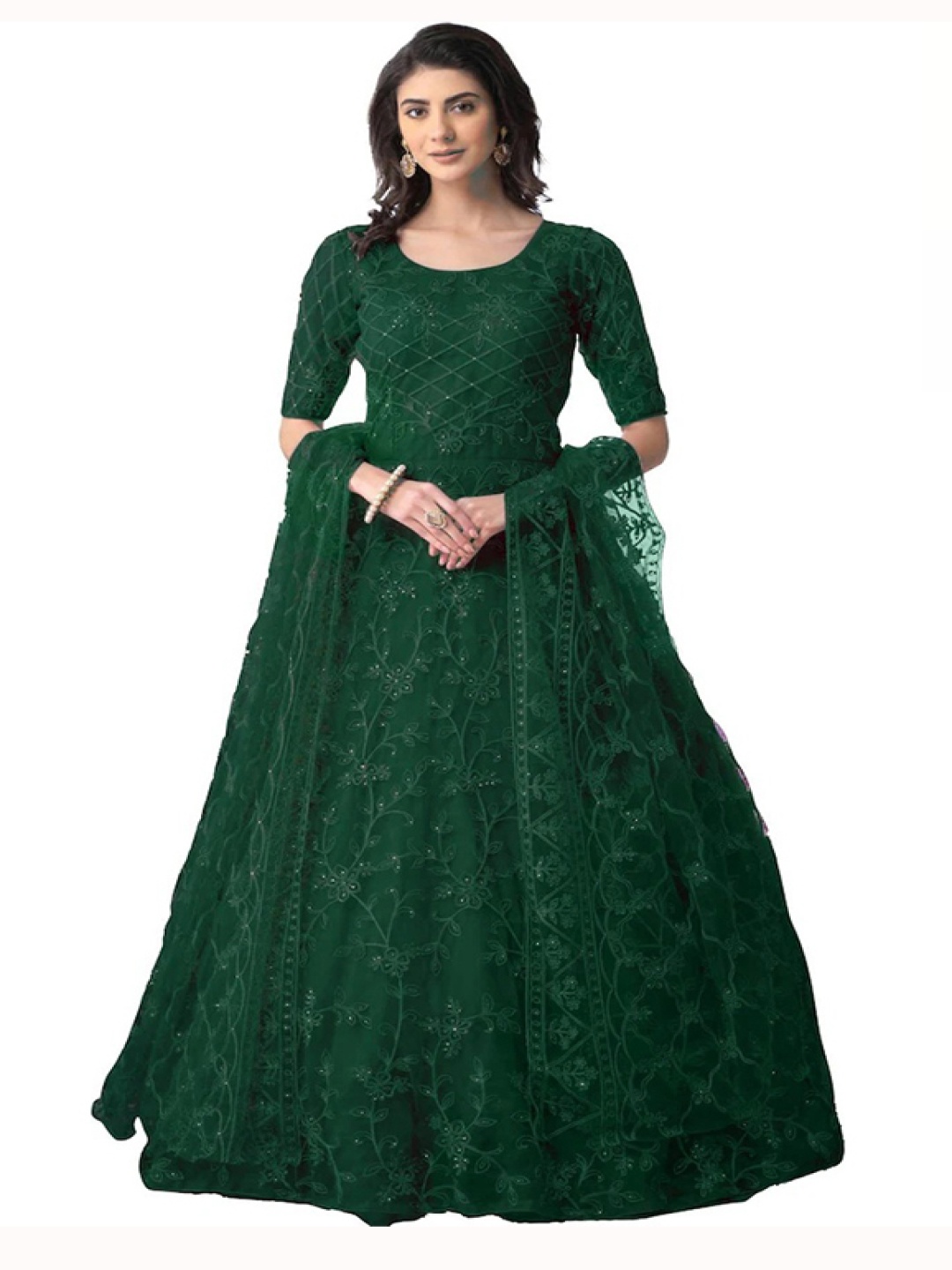

APNISHA Embroidered Net Fit & Flare Maxi Dress, Green