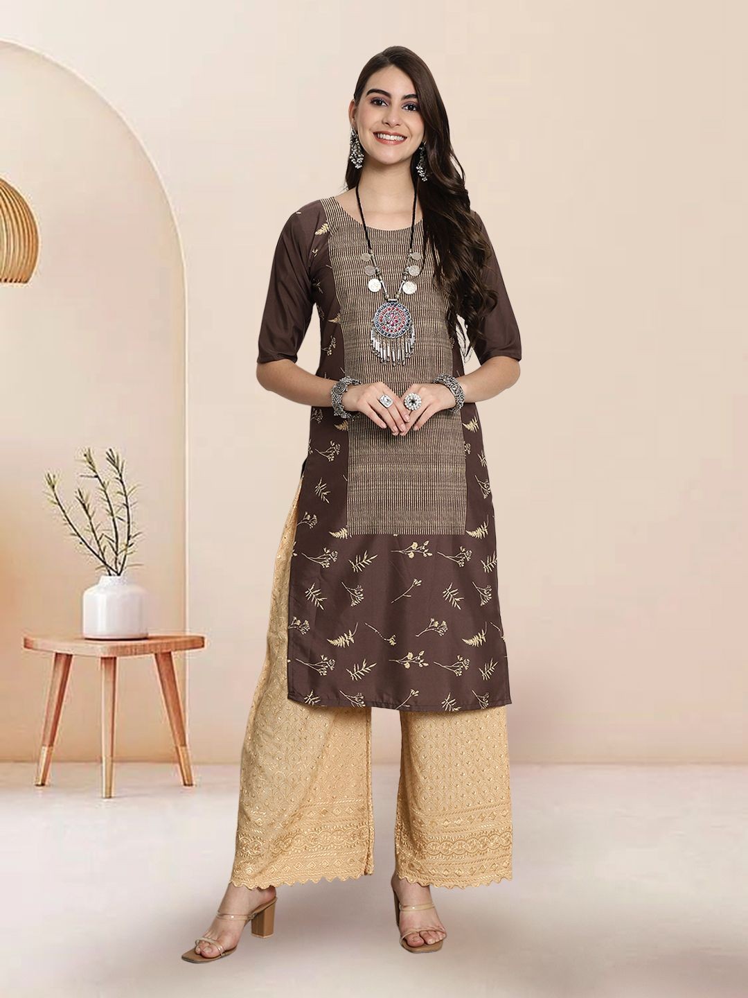 

7Threads Floral Printed Straight Kurta, Brown