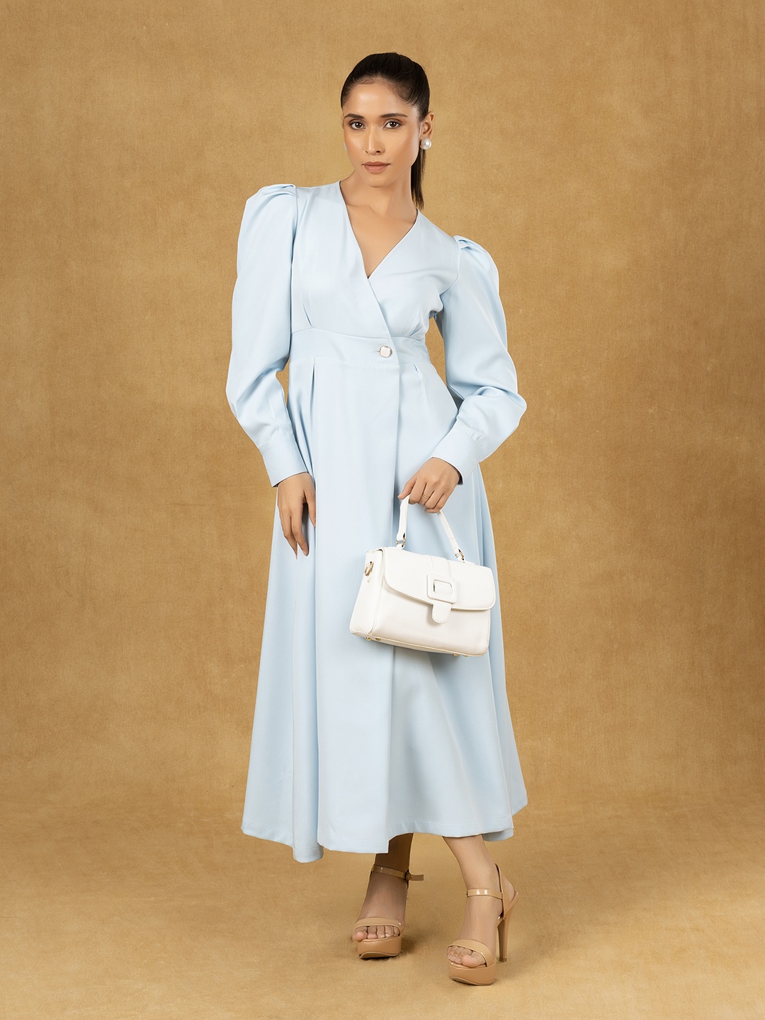 

PowerSutra Women Puff Sleeve Wrap Midi Dress, Blue