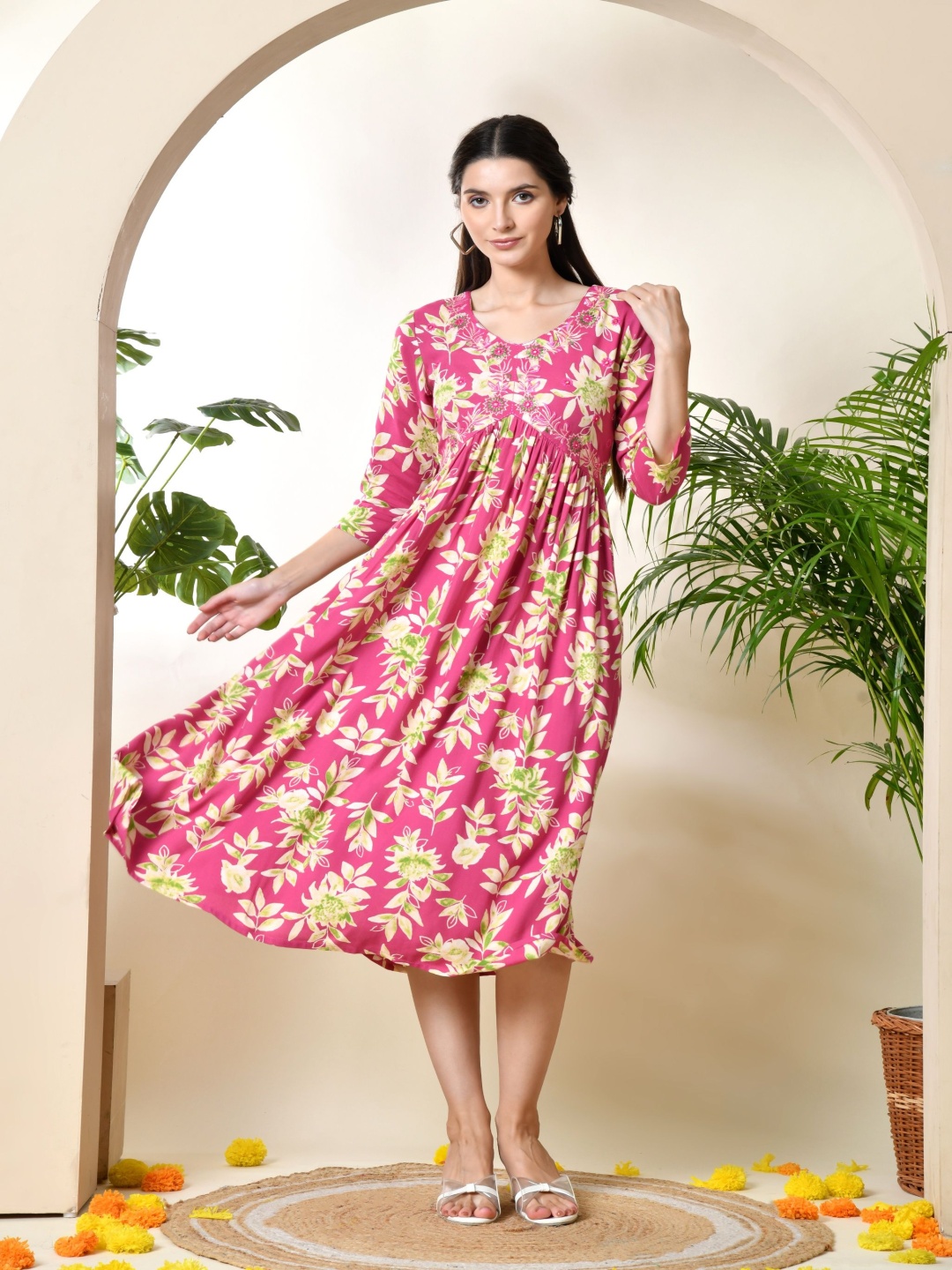 

Dipani Floral Printed V-Neck Embroidered Fit & Flare Midi Ethnic Dress, Purple