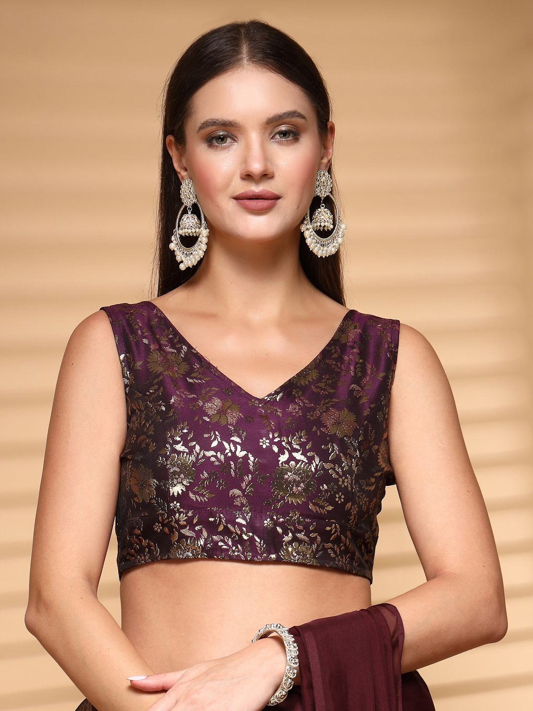

Oomph! Non Padded Woven Design V Neck Saree Blouse, Purple