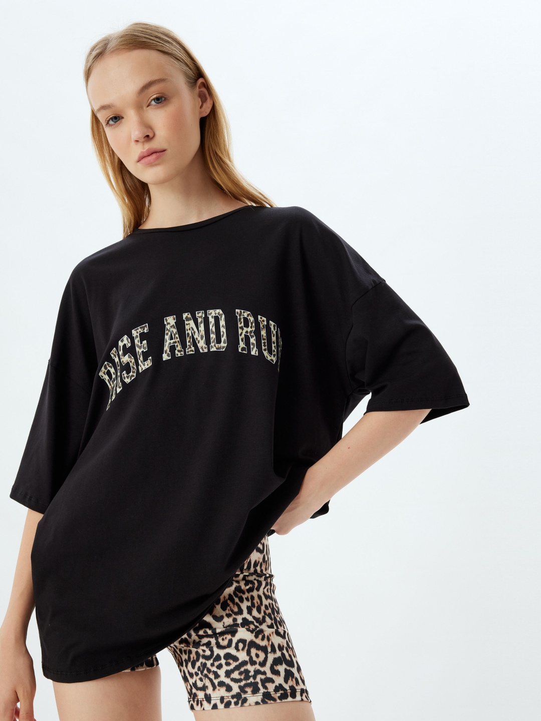 

Koton Women Typography Printed Round Neck Oversized Cotton T-shirt, Black