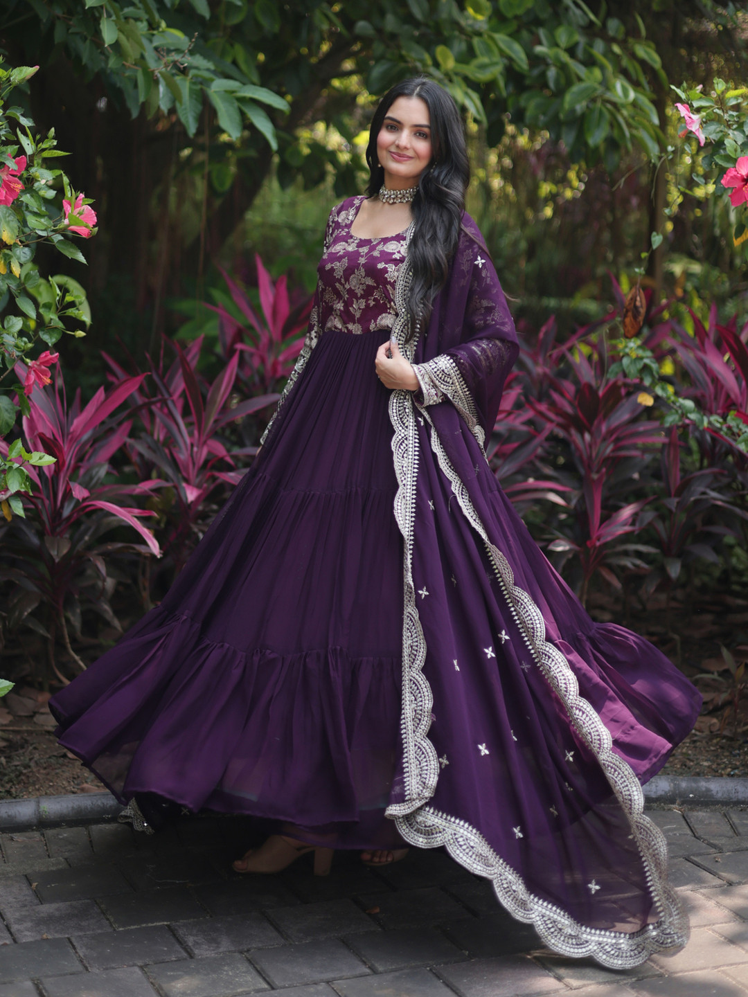

KALINI Floral Embroidered Georgette Fit and Flare Ethnic Dresses, Lavender