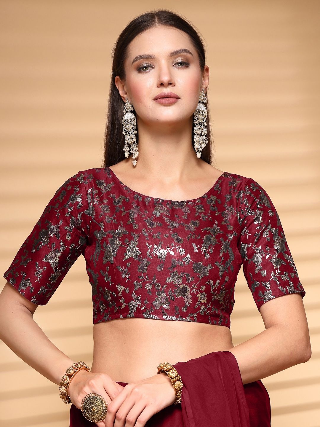 

Oomph! Women Non Padded Boat Neck Saree Blouse, Red