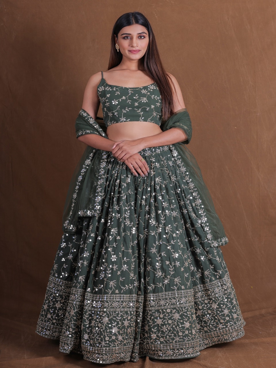 

JIHU CULTURE Embellished Sequinned Semi-Stitched Lehenga & Unstitched Blouse With Dupatta, Green