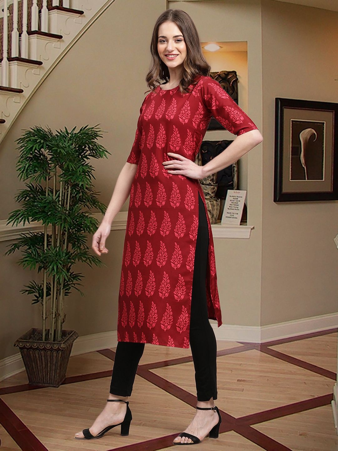

7Threads Ethnic Motifs Printed Straight Kurta, Red
