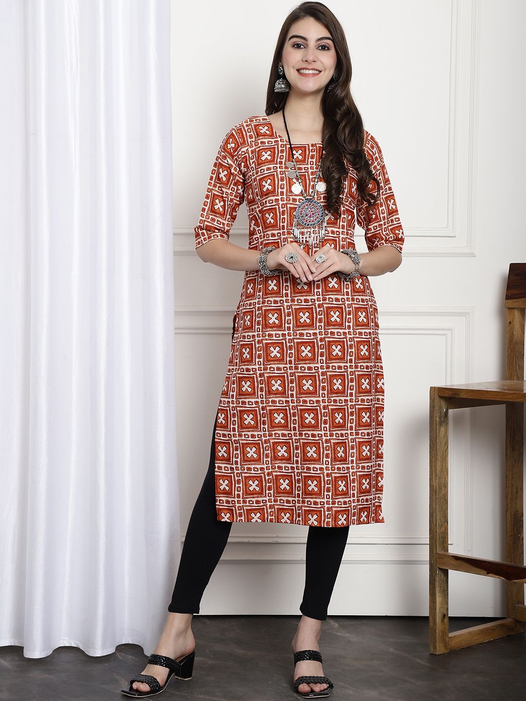 

7Threads Selection of 6 Geometric Printed Crepe Straight Kurtas, Brown