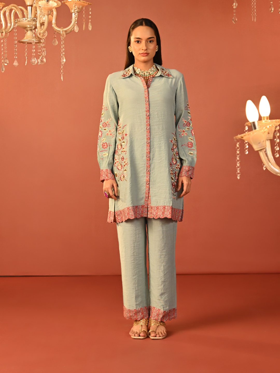 

Lakshita Floral Embroidered Shirt Collar Linen Tunic With Trousers, Blue