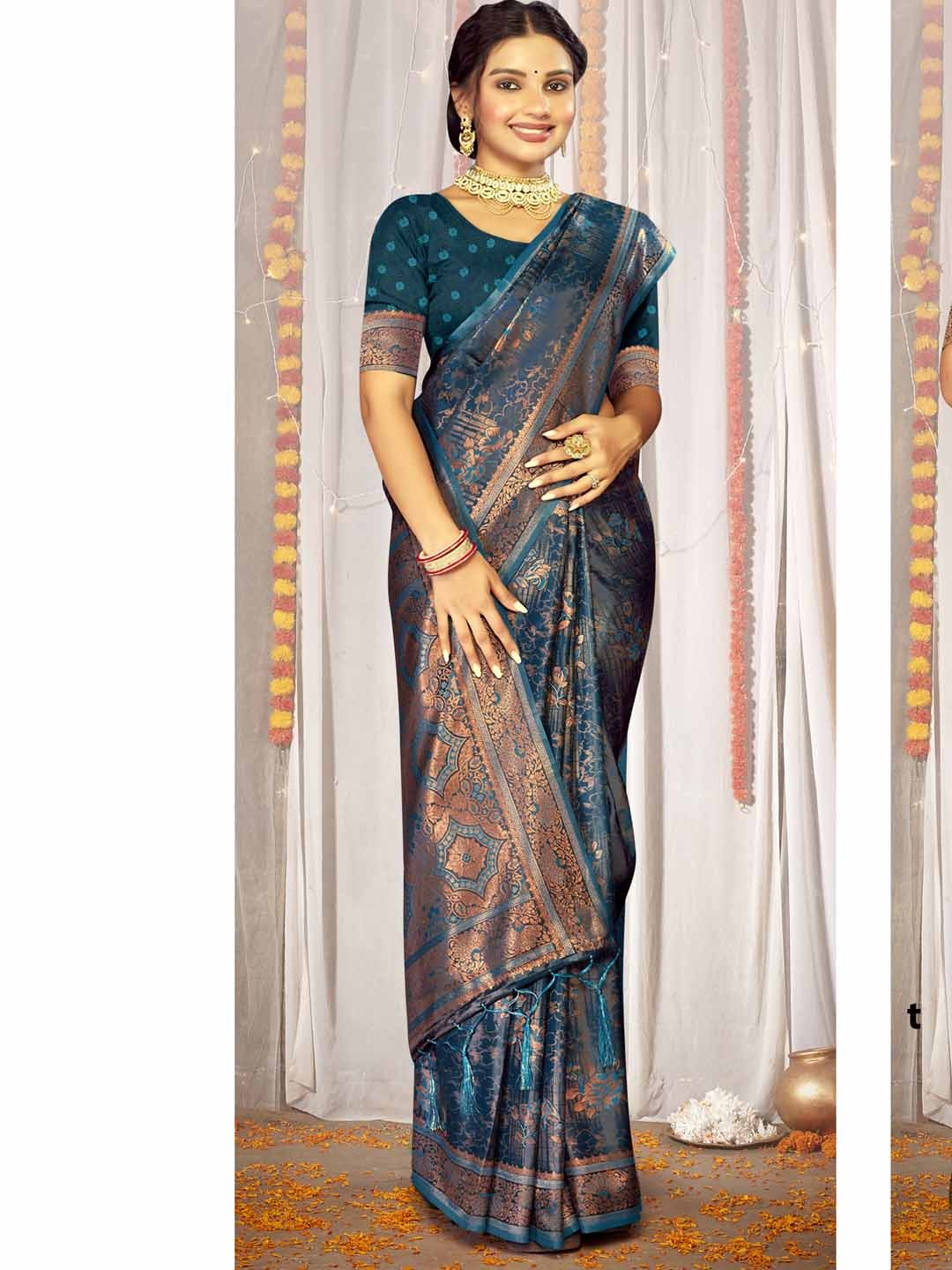

Ishin Woven Design Zari Saree with blouse piece, Blue
