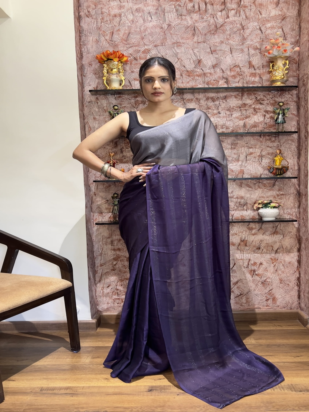 

V3 FASHION STUDIO Ombre Pure Chiffon Saree, Purple