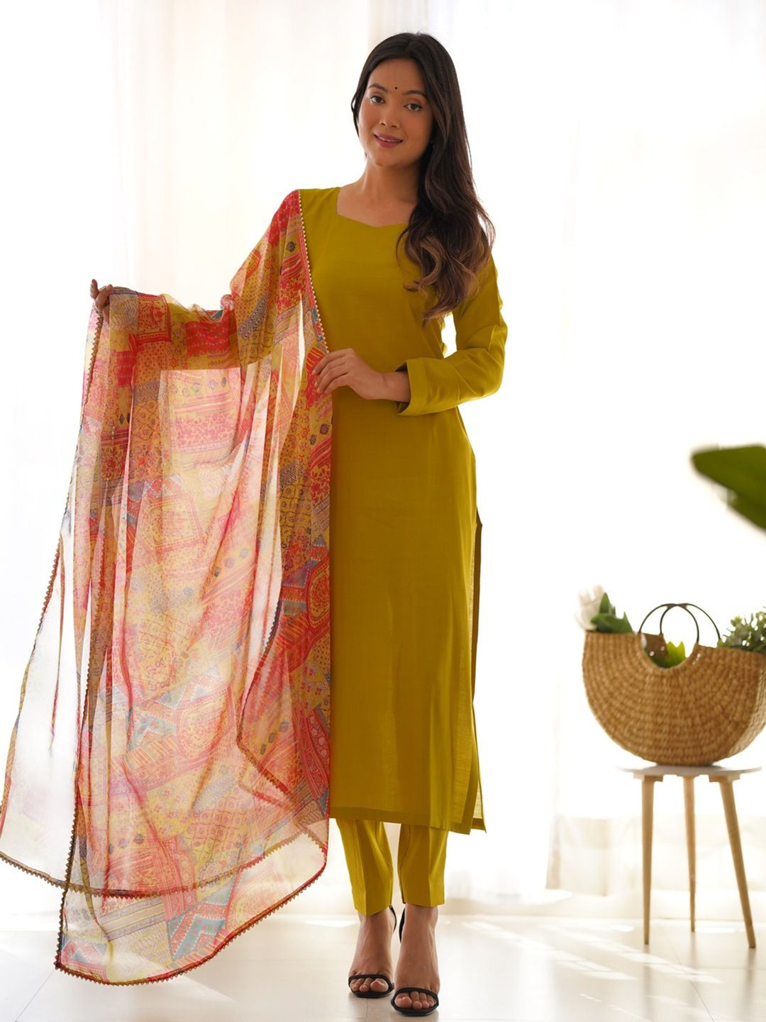 

KALINI Sweetheart Neck Straight Kurta With Pyjama And Dupatta, Yellow