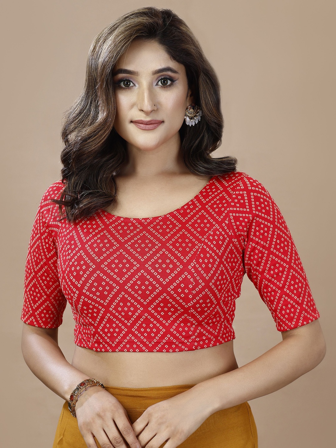 

Oomph! Printed Non Padded Round Neck Saree Blouse, Red