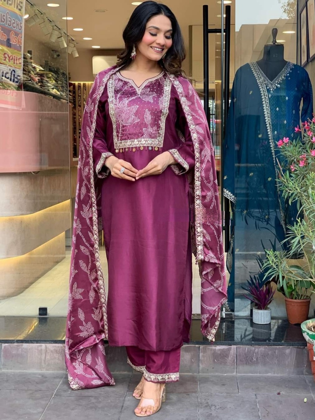 

KALINI Floral Embroidered Thread Work Chanderi Silk Kurta with Trouser & Dupatta, Purple