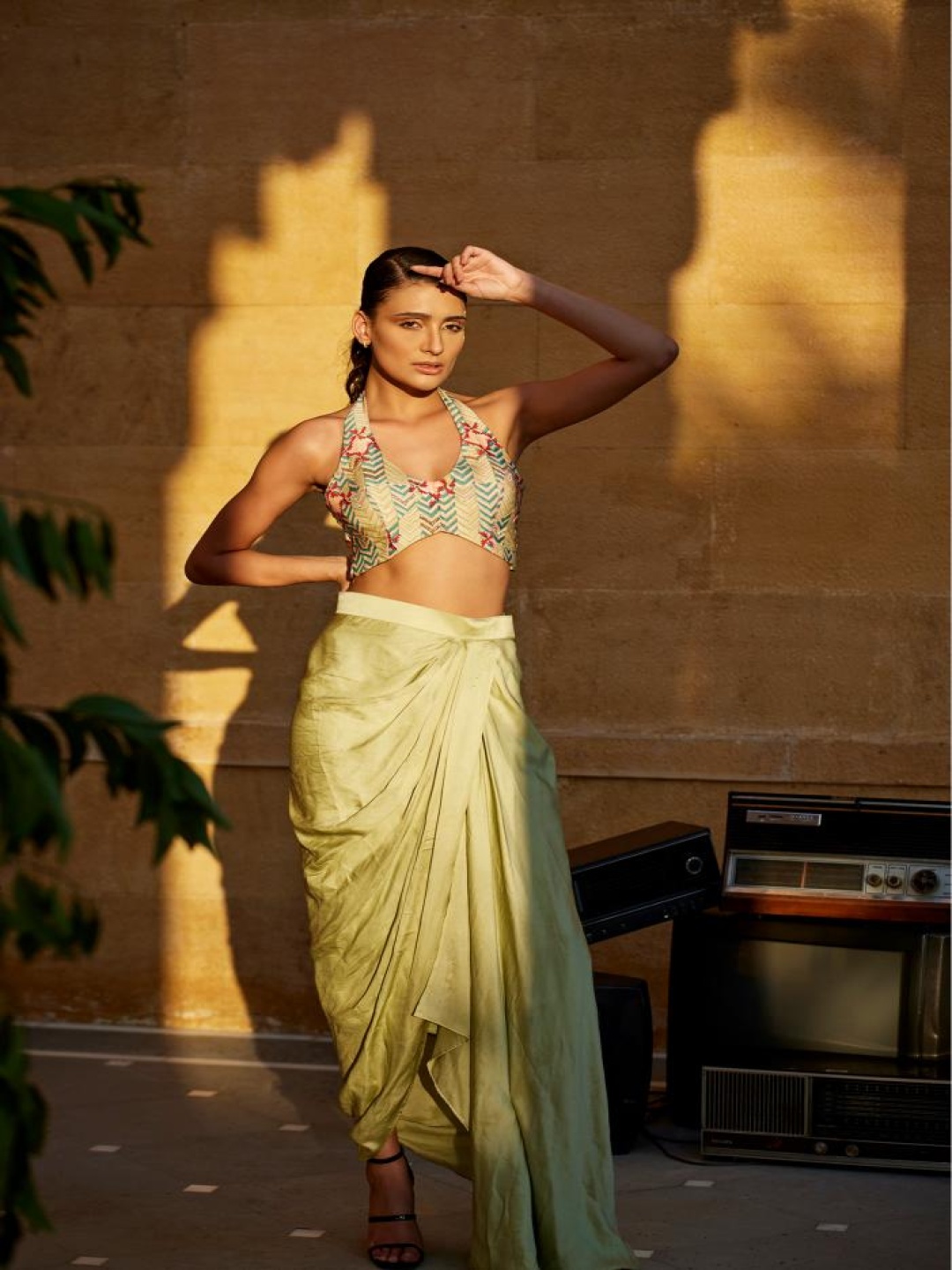 

AMROOD Printed Top With Drape Skirt, Green