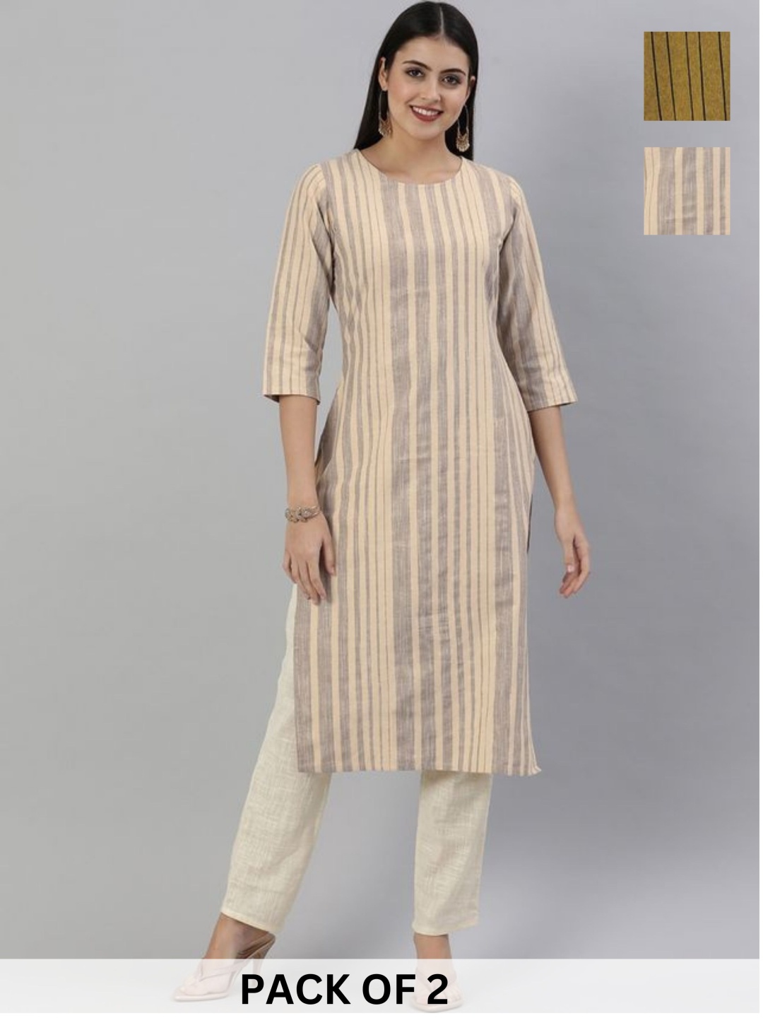 

KALINI Selection Of 2 Striped Round Neck Machine Weave Straight Kurta, Mustard