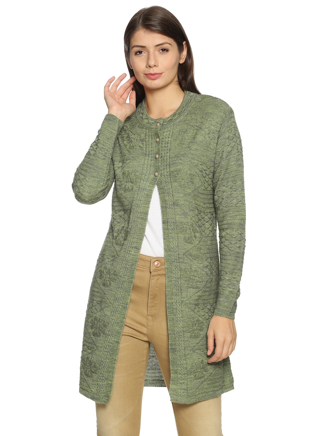 

CLAPTON Self Design Open Front Woollen Longline Shrug, Green