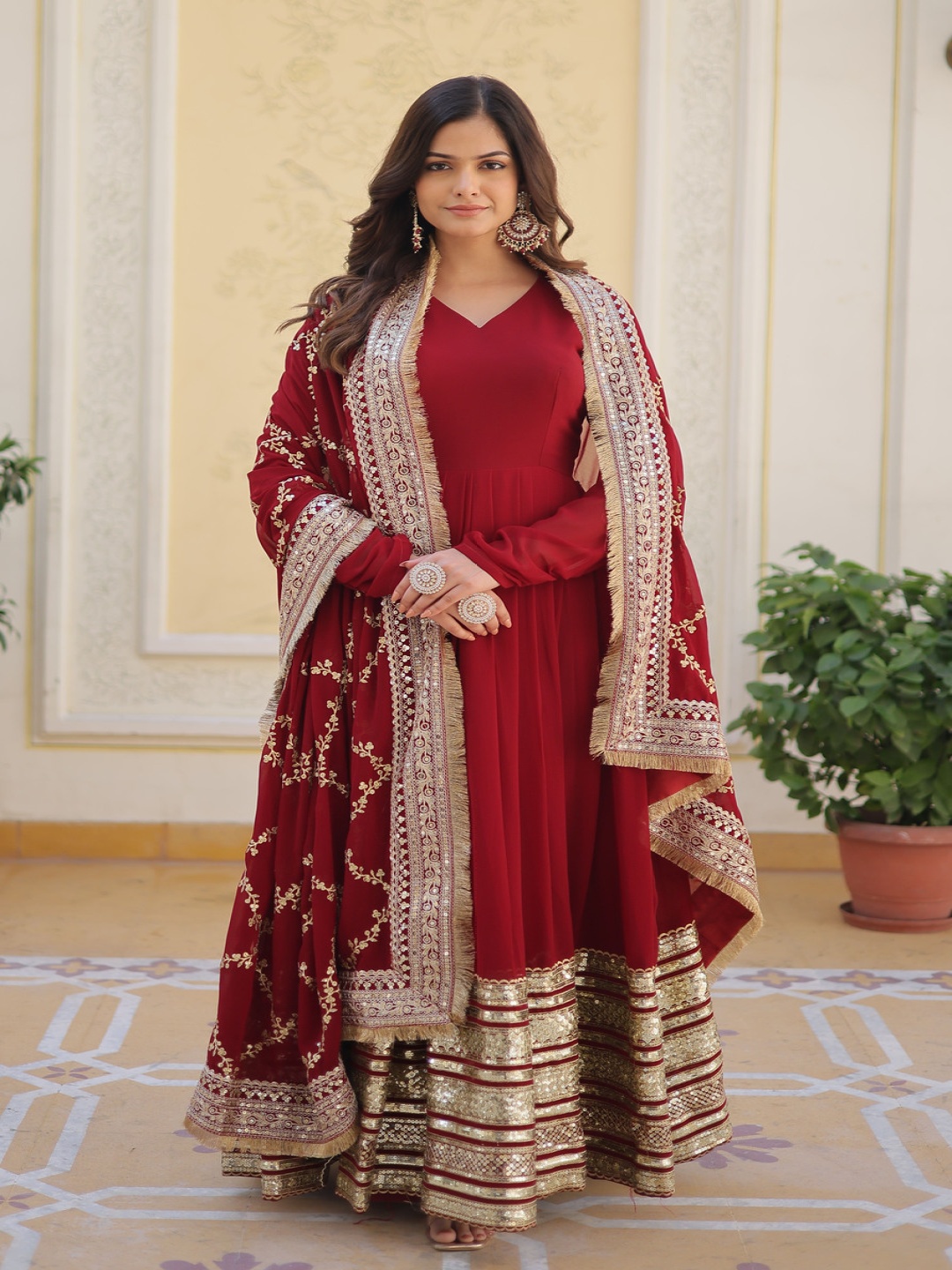 

KALINI Embroidered Fit & Flared Maxi Dress With Dupatta, Maroon