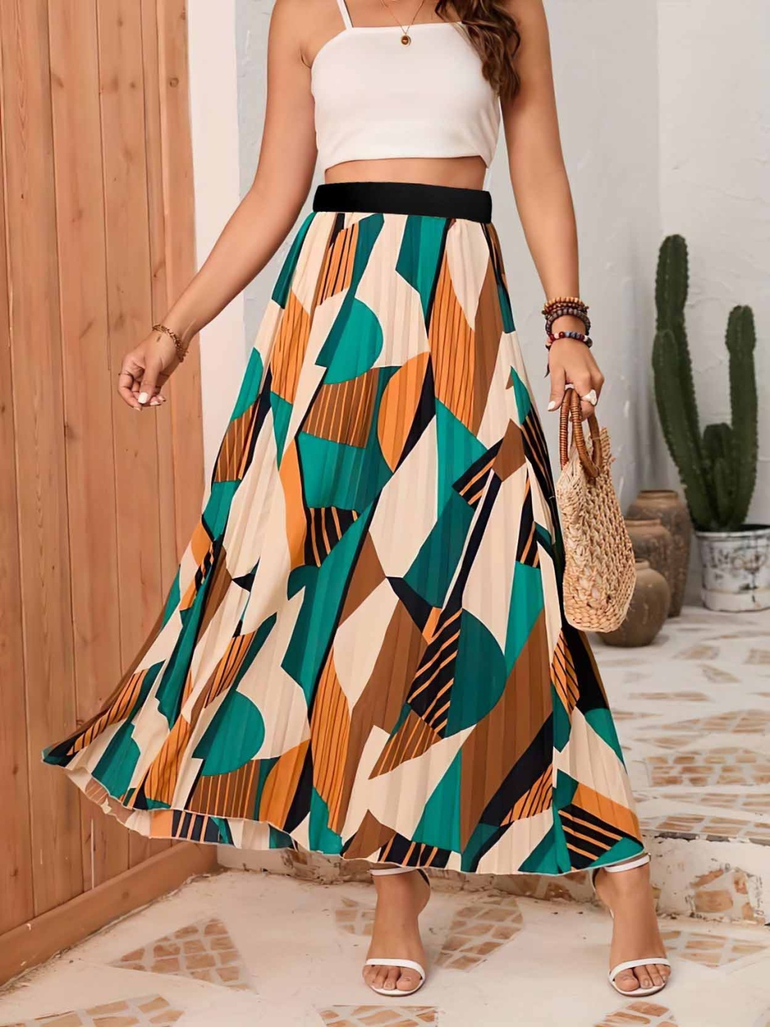 

Femvy Abstract Printed Flared Maxi Skirt, Cream