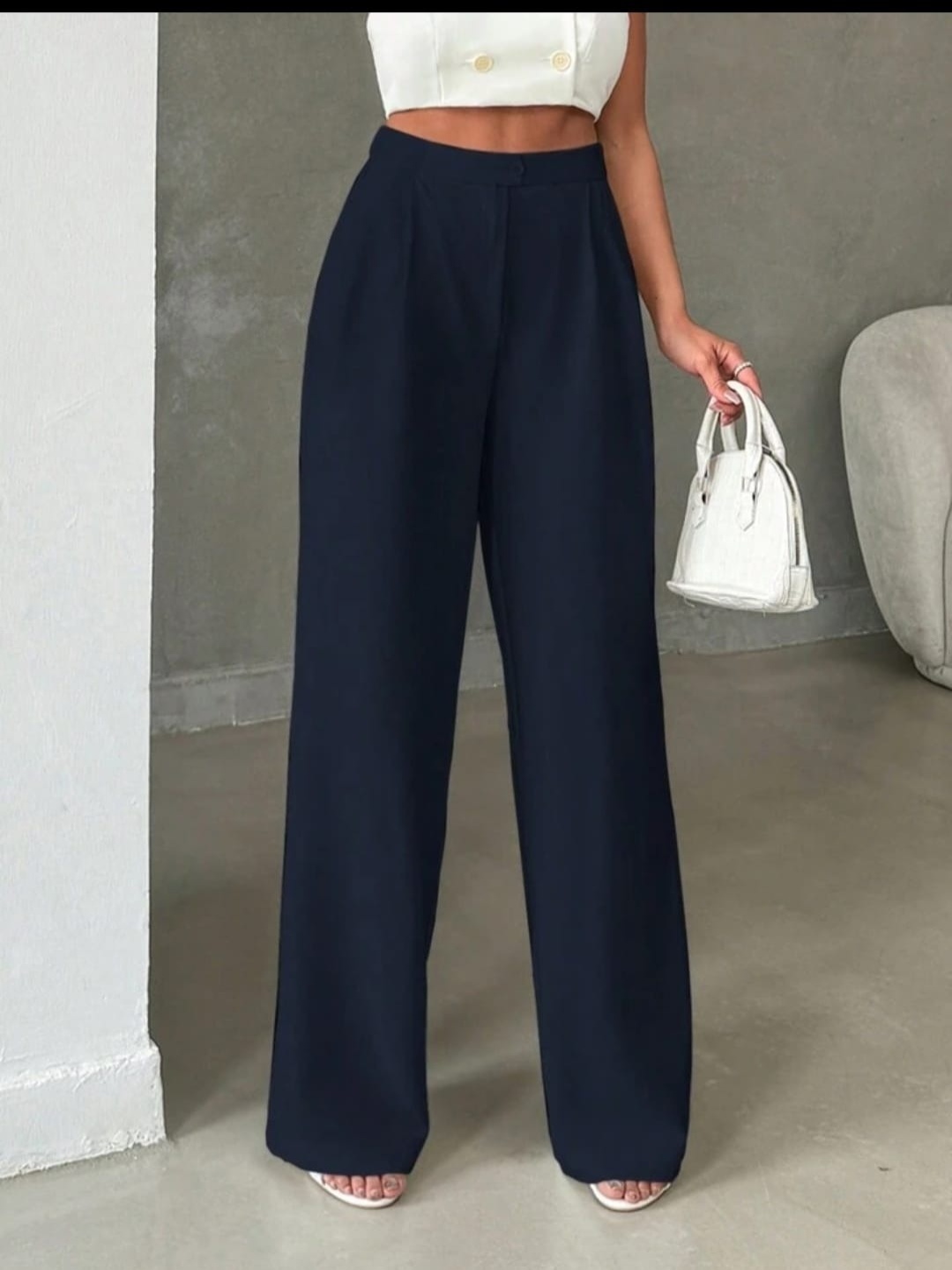 

Next One Women Straight Fit High-Rise Easy Wash Pleated Trousers, Navy blue