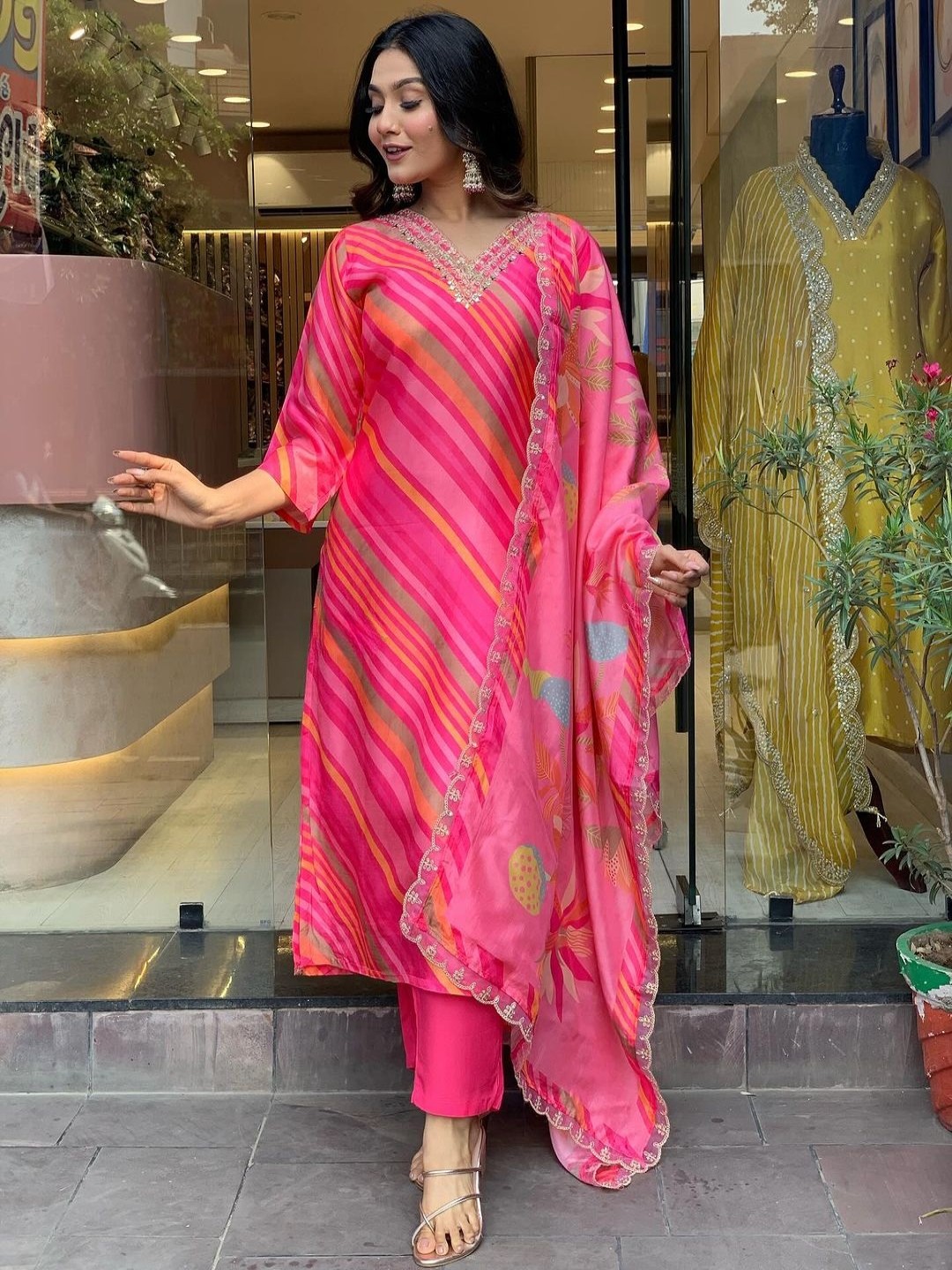 

KALINI Striped V-Neck Straight Kurta With Trousers & Dupatta, Pink