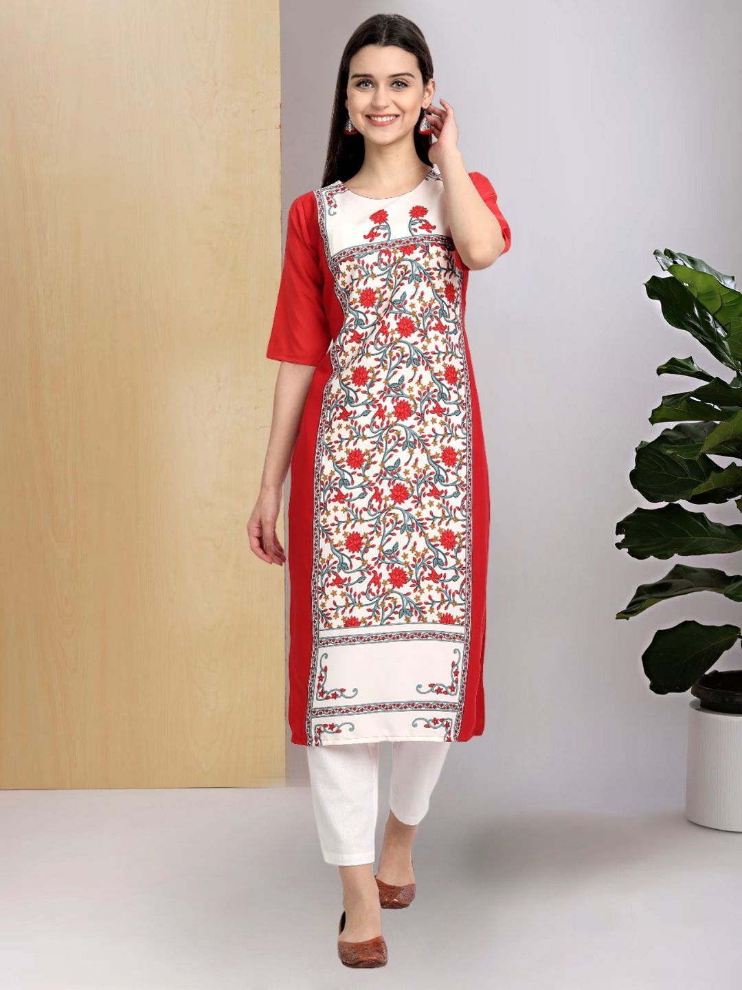 

7Threads Floral Printed Round Neck Straight Crepe Kurta, Red