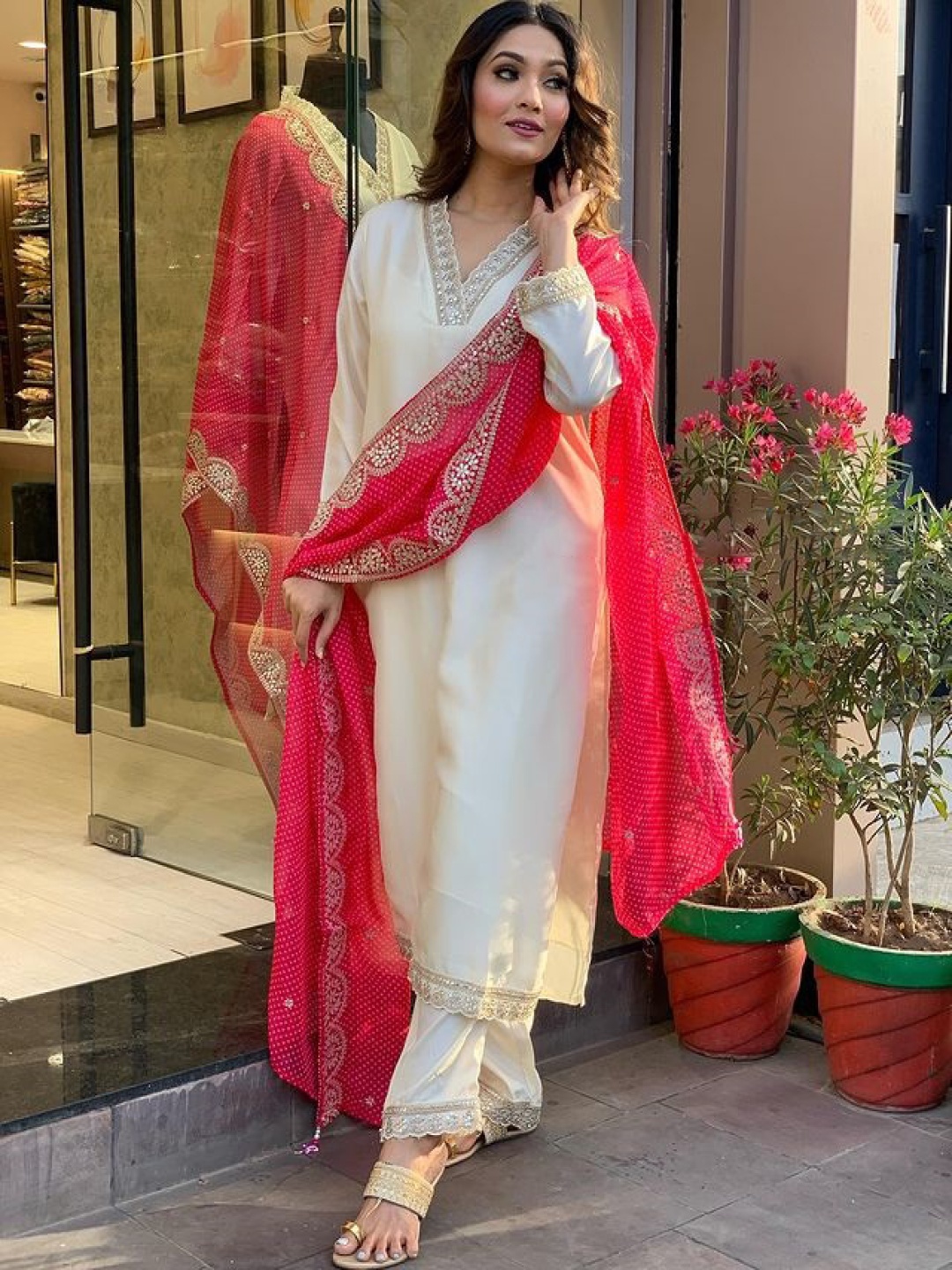 

HERE&NOW White Zari Embroidered Chanderi Silk Straight Kurta with Trouser & Dupatta