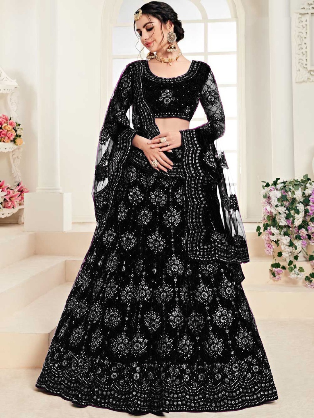 

Cute fellow Floral Embroidered Semi-Stitched Lehenga & Unstitched Blouse With Dupatta, Black