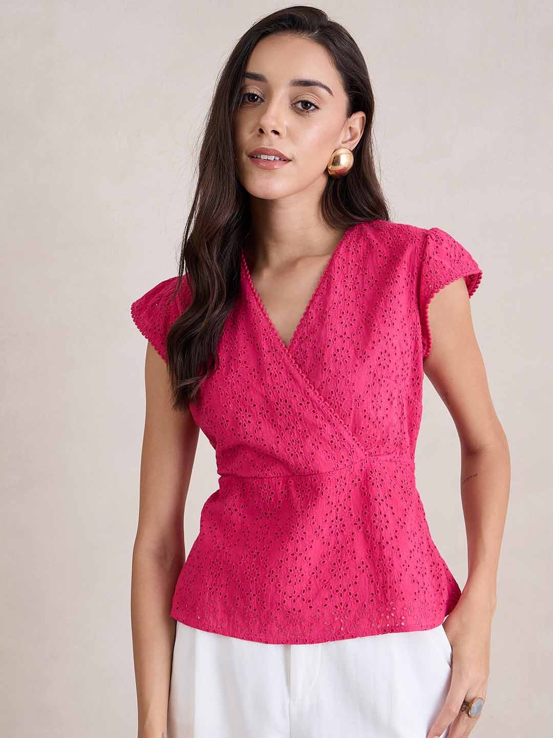 

FEMMELLA Floral Embroidered Cotton Wrap Top, Pink