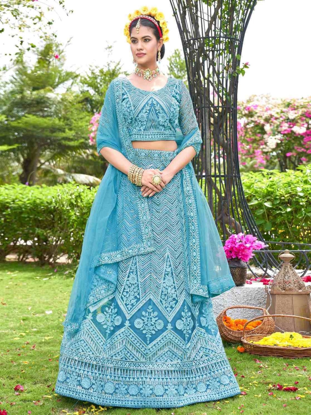 

Cute fellow Embroidered Thread Work Semi-Stitched Lehenga & Unstitched Blouse With Dupatta, Blue