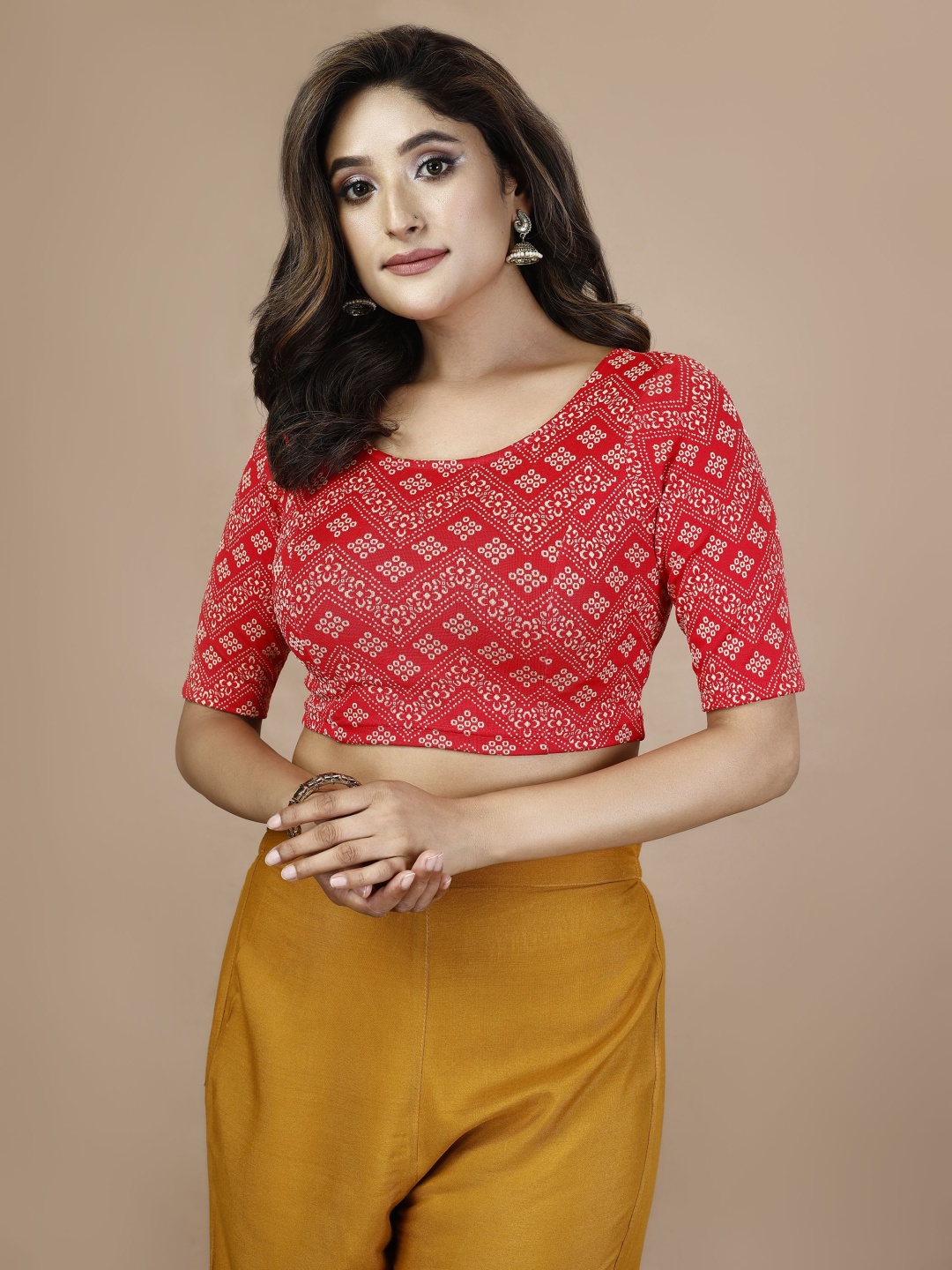 

Oomph! Printed Round Neck Saree Blouse, Red