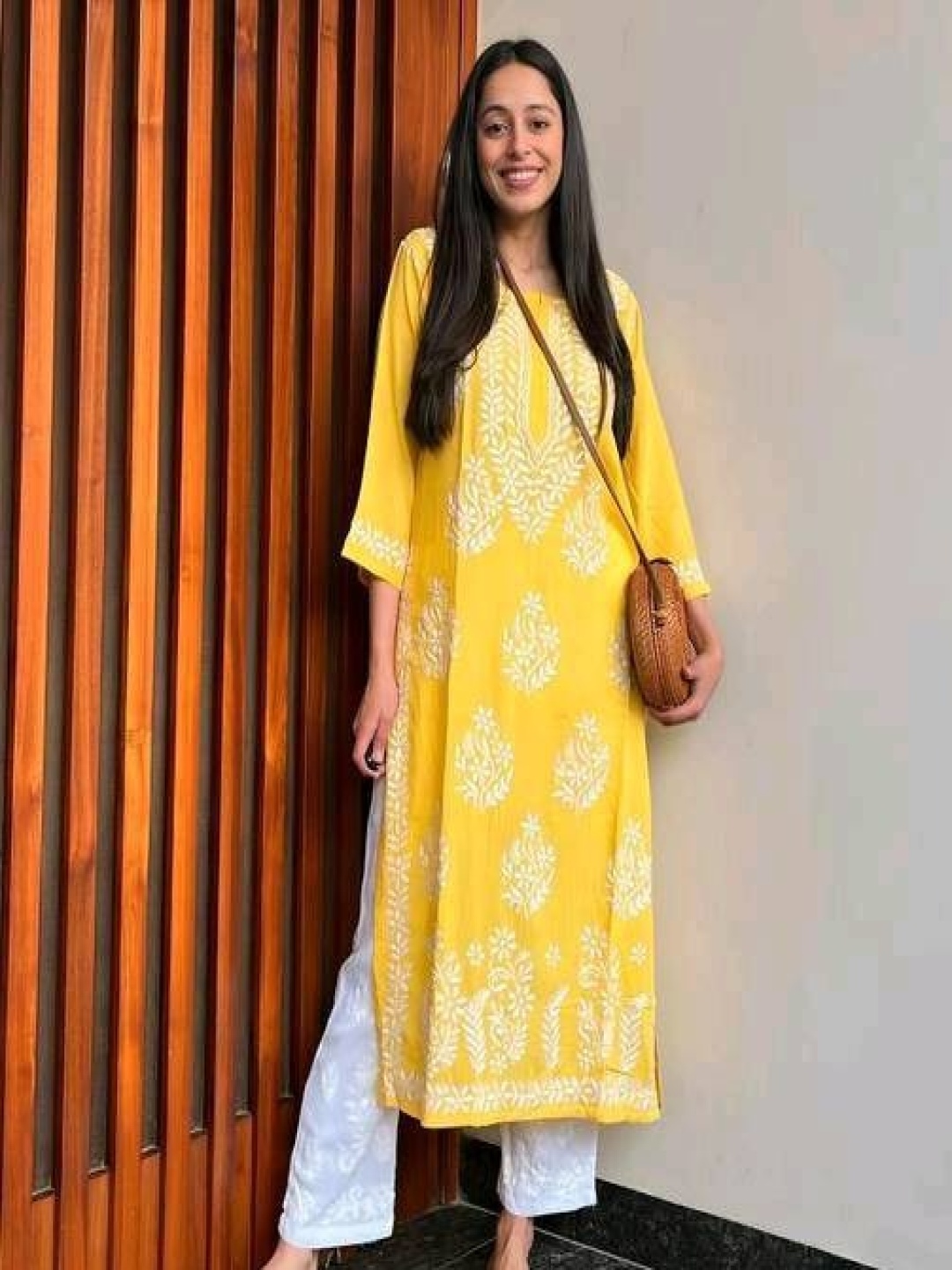 

Rujave Round Neck Ethnic Motifs Embroidered Chikankari Straight Kurta with Palazzo, Yellow
