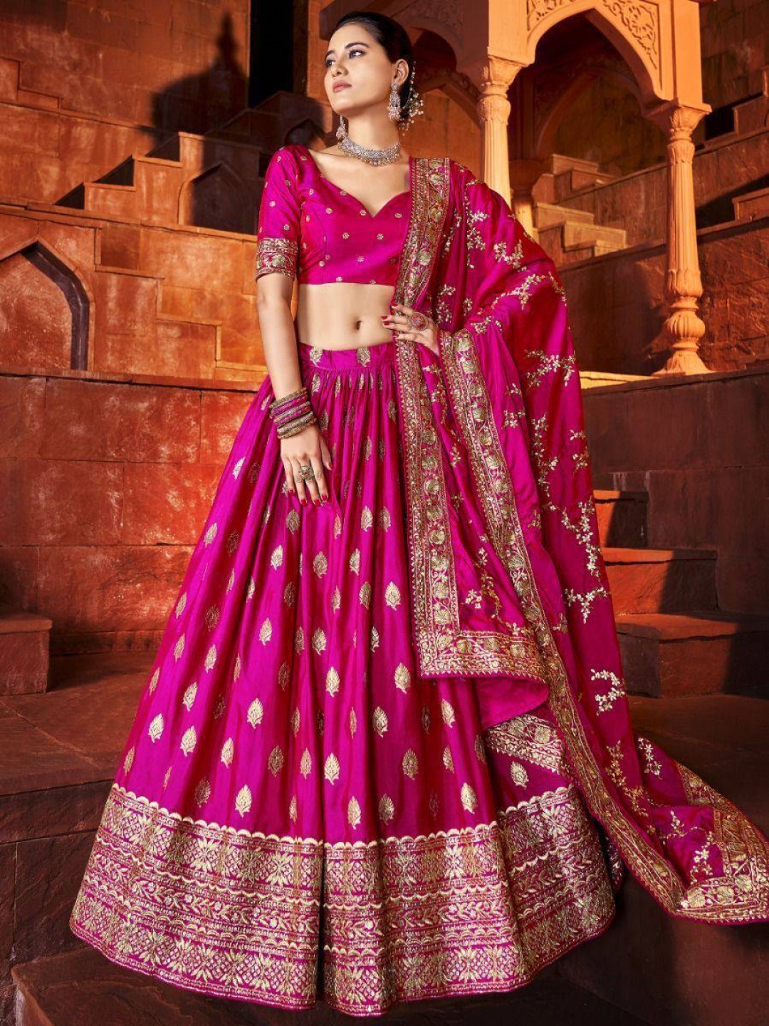 

FABPIXEL Embroidered Sequinned Semi-Stitched Lehenga & Unstitched Blouse With Dupatta, Pink