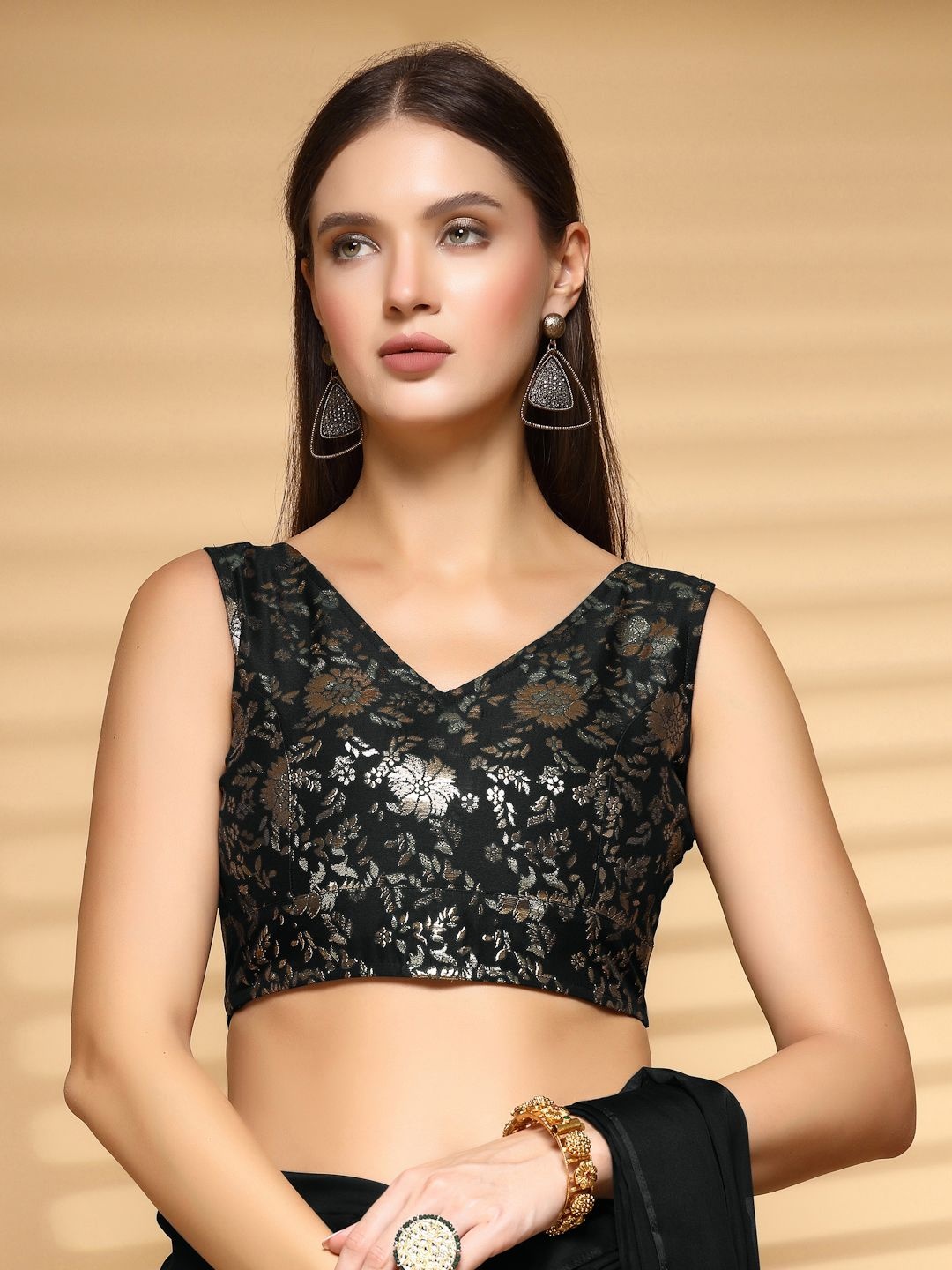 

Oomph! Non Padded V Neck Woven Design Saree Blouse, Black