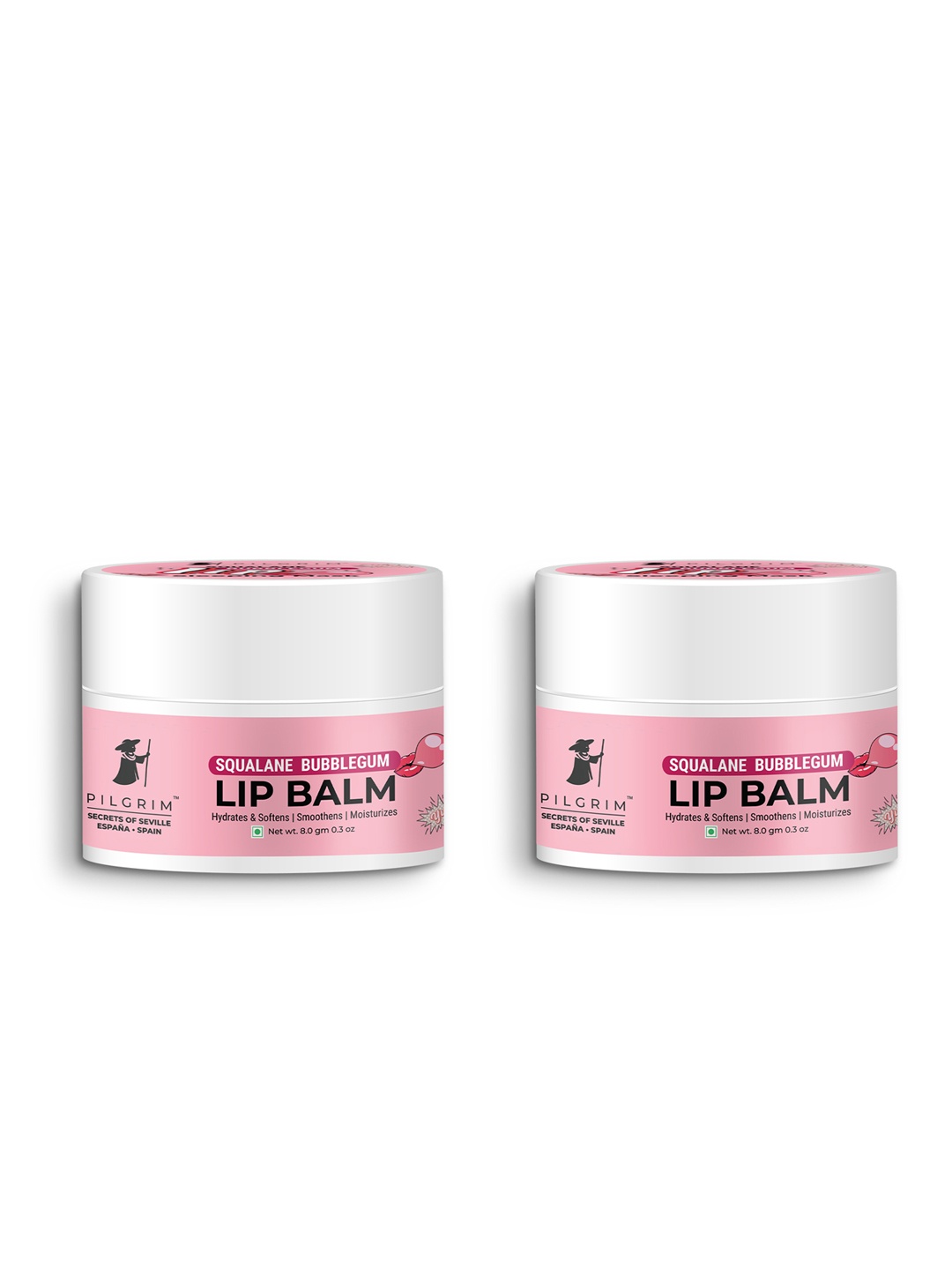

Pilgrim Set of 2 Squalane Bubblegum Lip Balm for Dry & Chapped Lips - 8g Each, Pink