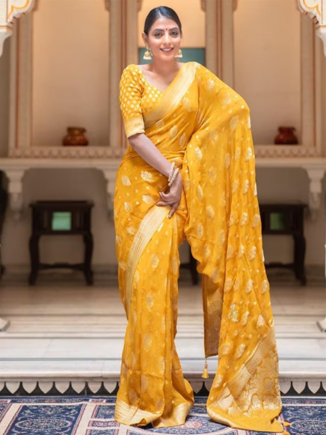 

Anjaneya Sarees Woven Design Zari Banarasi Saree, Yellow