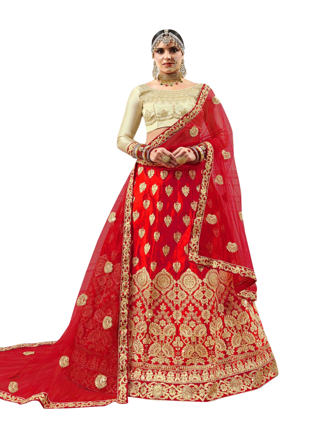 

Maroosh Embroidered Thread Work Unstitched Lehenga & Blouse With Dupatta, Red